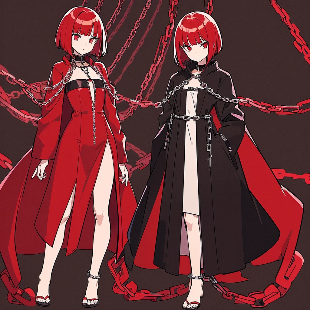 ((Red-haired girl in a dress wrapped in chains)), ((wearing a noble robe)), ((Bobcut)), ((full body black and red longcoat)), Anime full body illustration white background