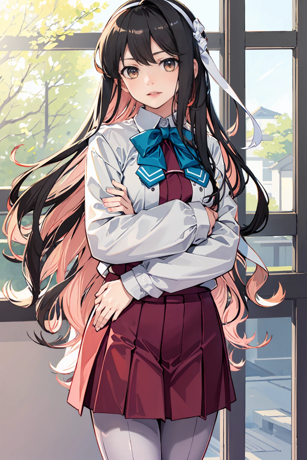 masterpiece, best quality, highres, hmngnm, naganami \(kancolle\), multicolored hair, white hairband, white jacket, purple dress, , grey pantyhose, aqua bowtie, long sleeves, cowboy shot, collared shirtdaytime、sunlight、classroom、school building、Schools in Japan、