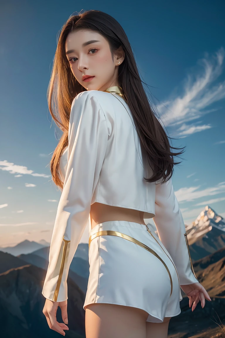 ((masterpiece, best quality, extremely detailed), volumetric lighting, ambient occlusion, colorful, glowing), 1girl, solo, young girl, (dark hair), long hair, halo, aura, sacred, goddess, cleric suit, (white outfit with gold detailst:1.3), armor, outdoors, sunset, sky, clouds, space, (fantasy theme:1.2),