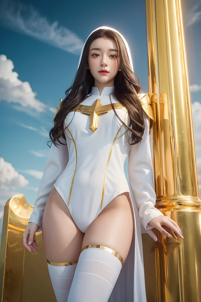 ((masterpiece, best quality, extremely detailed), volumetric lighting, ambient occlusion, colorful, glowing), 1girl, solo, young girl, (dark hair), long hair, halo, aura, sacred, goddess, cleric suit, (white outfit with gold detailst:1.3), armor, outdoors, sunset, sky, clouds, space, (fantasy theme:1.2),