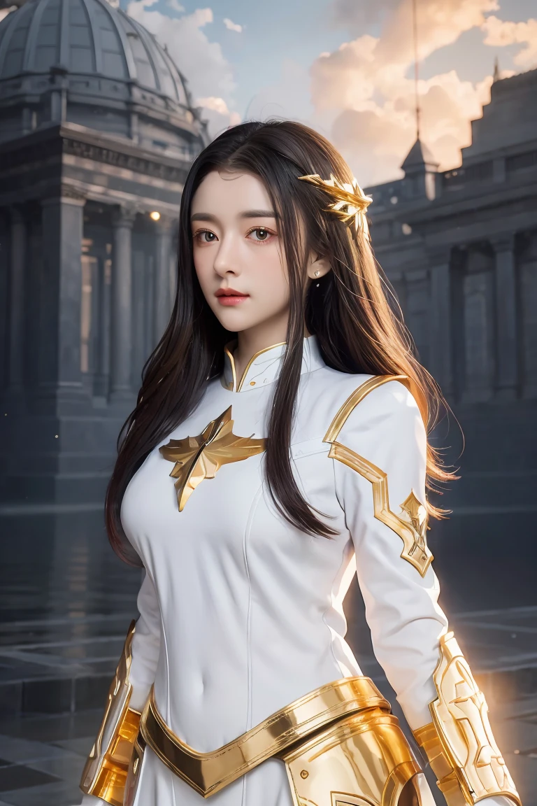 ((masterpiece, best quality, extremely detailed), volumetric lighting, ambient occlusion, colorful, glowing), 1girl, solo, young girl, (dark hair), long hair, halo, aura, sacred, goddess, cleric suit, (white outfit with gold detailst:1.3), armor, outdoors, sunset, sky, clouds, space, (fantasy theme:1.2),