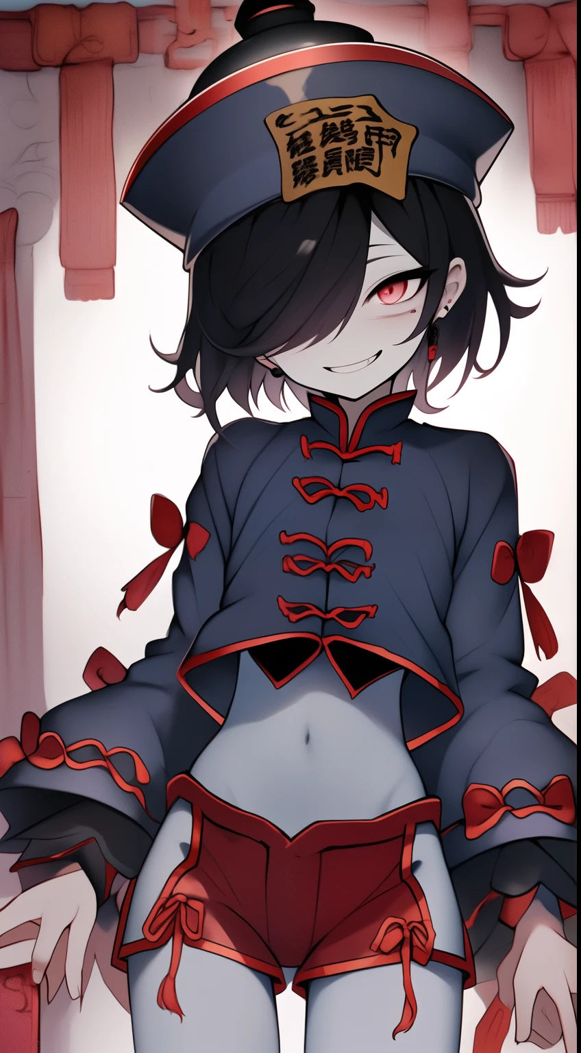 Best quality, Super detailed illustration, Warm colors, perfect lighting, (Jiangshi boy:1.6), (blue skin:2,6) , short tousled thick hair ,Jiangshi clothing, long sleeves, black short shorts, open tummy ,open legs, tight clothing, Guangli hat ,smug smile, happy , a femboy, small waist, wide hips, slim, Perfect body, tricky glance, Scarlet eyes, black and lilac color of clothes