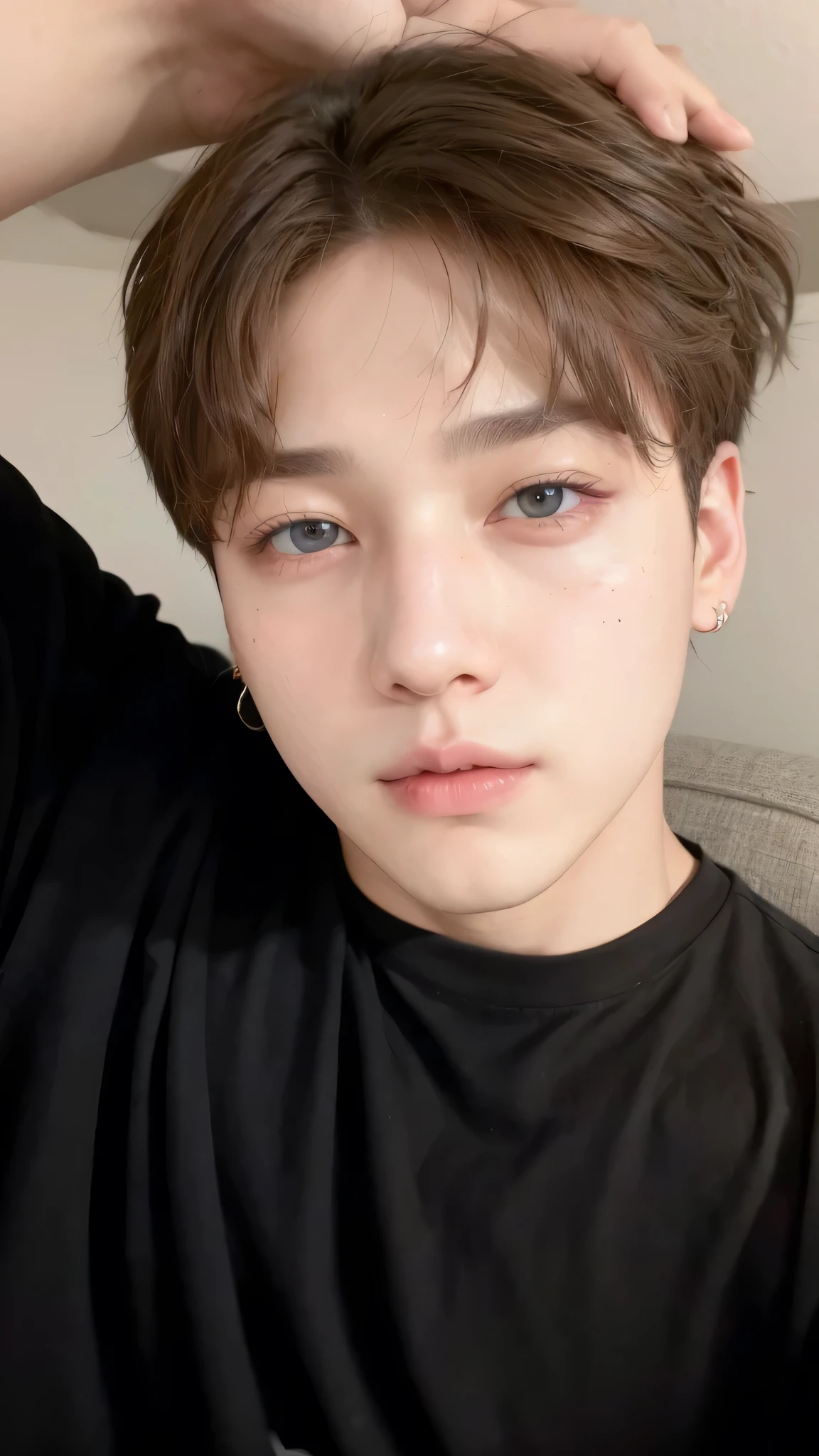 There is a man in a black shirt and a black shirt., pale korean adorable face, Jeon jungkook, jungkook\full lips, inspirado en Jeon jungkook, light eyes, intriguing and penetrating., captured on canon eos r 6, jungkook, Jimin, inspired by jeon jungkook, pale man with freckles and detailed blue eyes, Jeon jungkook con piercings, brown haired jungkook, jungkook\full lips, very very low quality image, Jeon jungkook, pale korean adorable face. Man with detailed gray eyes. pink lips. jungkook con pecas y piel pálida