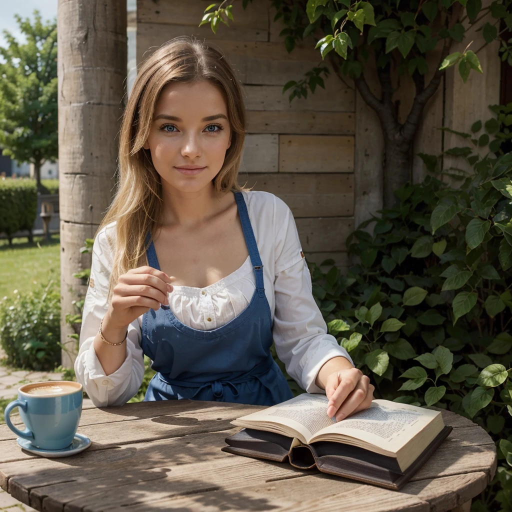 belle blonde assise à une table de café en plein air, (portant une tenue décontractée élégante, savourant une tasse de café avec un livre ouvert devant elle et une ambiance chaleureuse autour.), très détaillé, 21 ans, visage innocent, Cheveux ondulés naturels, yeux bleus, Haute résolution, chef-d'œuvre, Meilleure qualité, détails complexes, Très détaillé, Netteté, Peau détaillée, Réaliste skin texture, texture, Yeux détaillés, professionnel, 4k, sourire charmant, tourné avec Canon, 85mm, faible profondeur de champ, Couleur de vision Kodak, corps parfaitement ajusté, extrêmement détaillé, Photo_\(ultra\), photoRéaliste, Réaliste, Post-traitement, Détails maximaux, rugosité, vrai vie, ultra Réaliste, photoréalisme, la photographie, 8k euh, la photographie