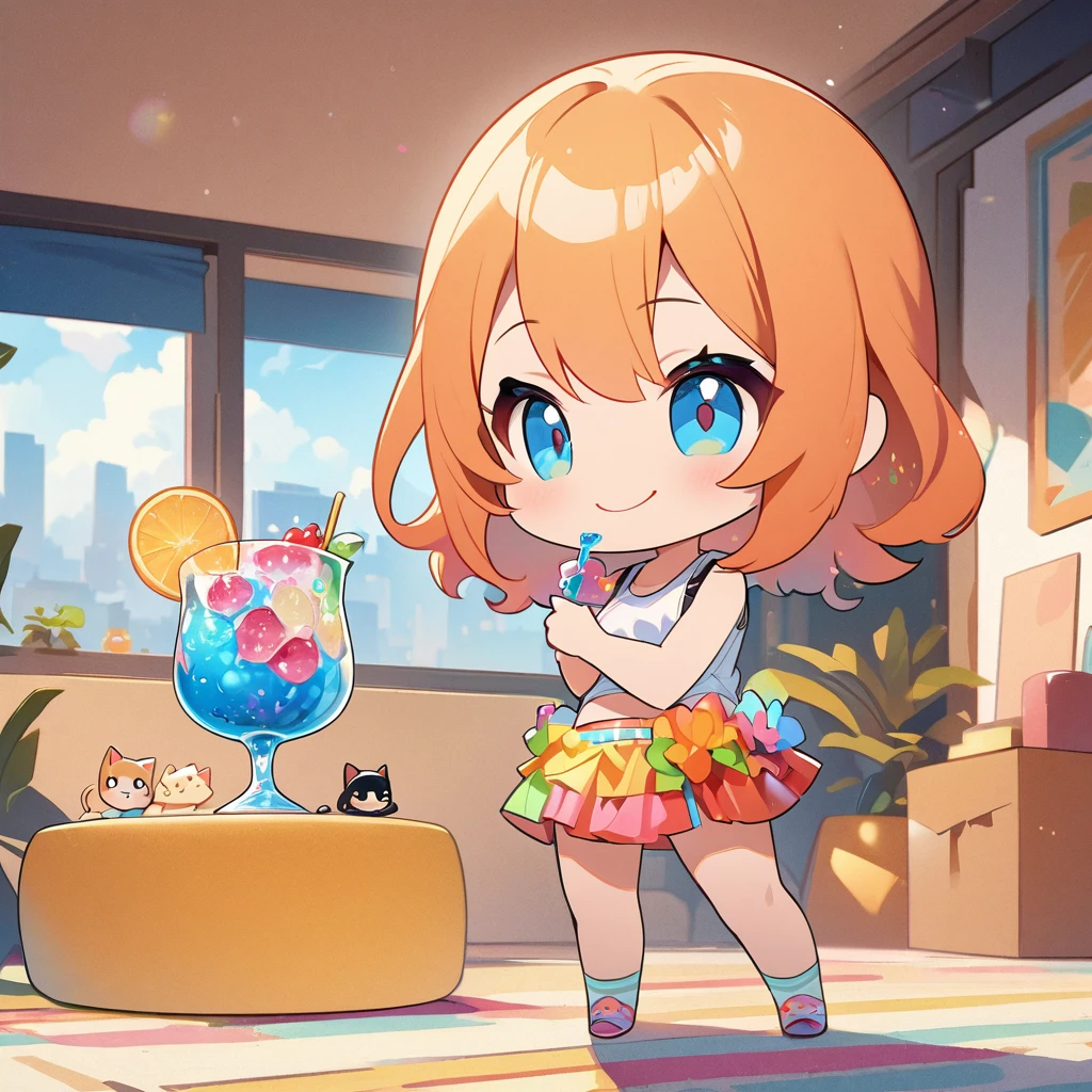 masterpiece、Highest quality、Depth of subject、2D illustration、1 beautiful girl、独奏, (((chibi style)))、Long, beautiful hair、Shiny orange hair、cute、Beautifully detailed eyes、((Tank top))、a glass of blue soda, ((colorful))、mini skirt、((happy smile))、((kitten cluster)), ((full body shot))、((in the room))、((There's a lot of pink around))、Thighs、((vivid color))、sparkle、((Lens flare))、