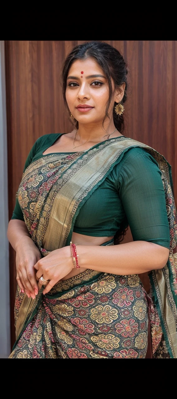 A hindu devi yakshini, a hot body, big breast, thick thighs, wearing saree with blouse and golden jewelry, doing poses standing, in bedroom, and with horny face.