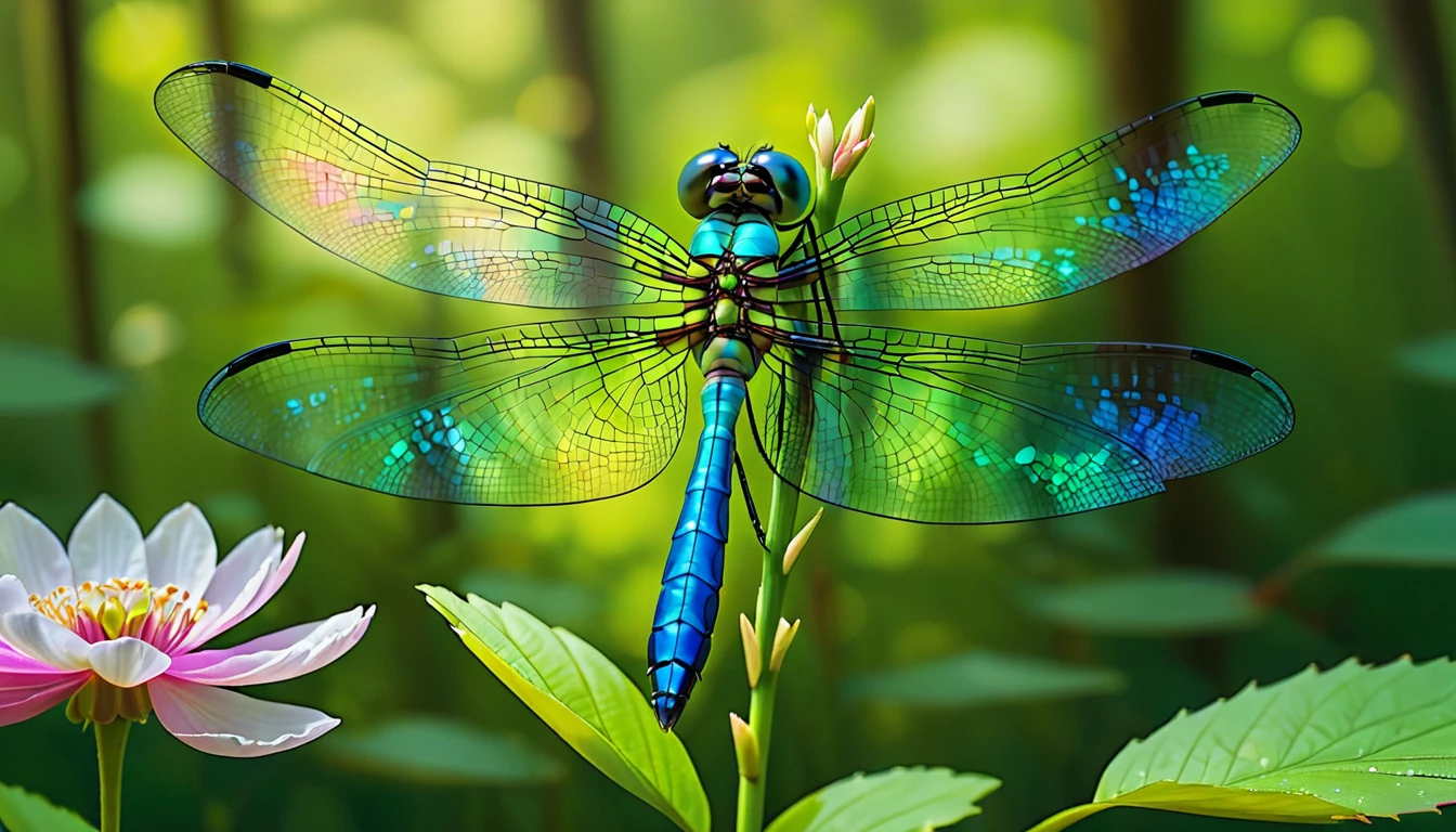 A majestic dragonfly with iridescent wings, perched on a delicate flower petal, surrounded by a lush green forest.