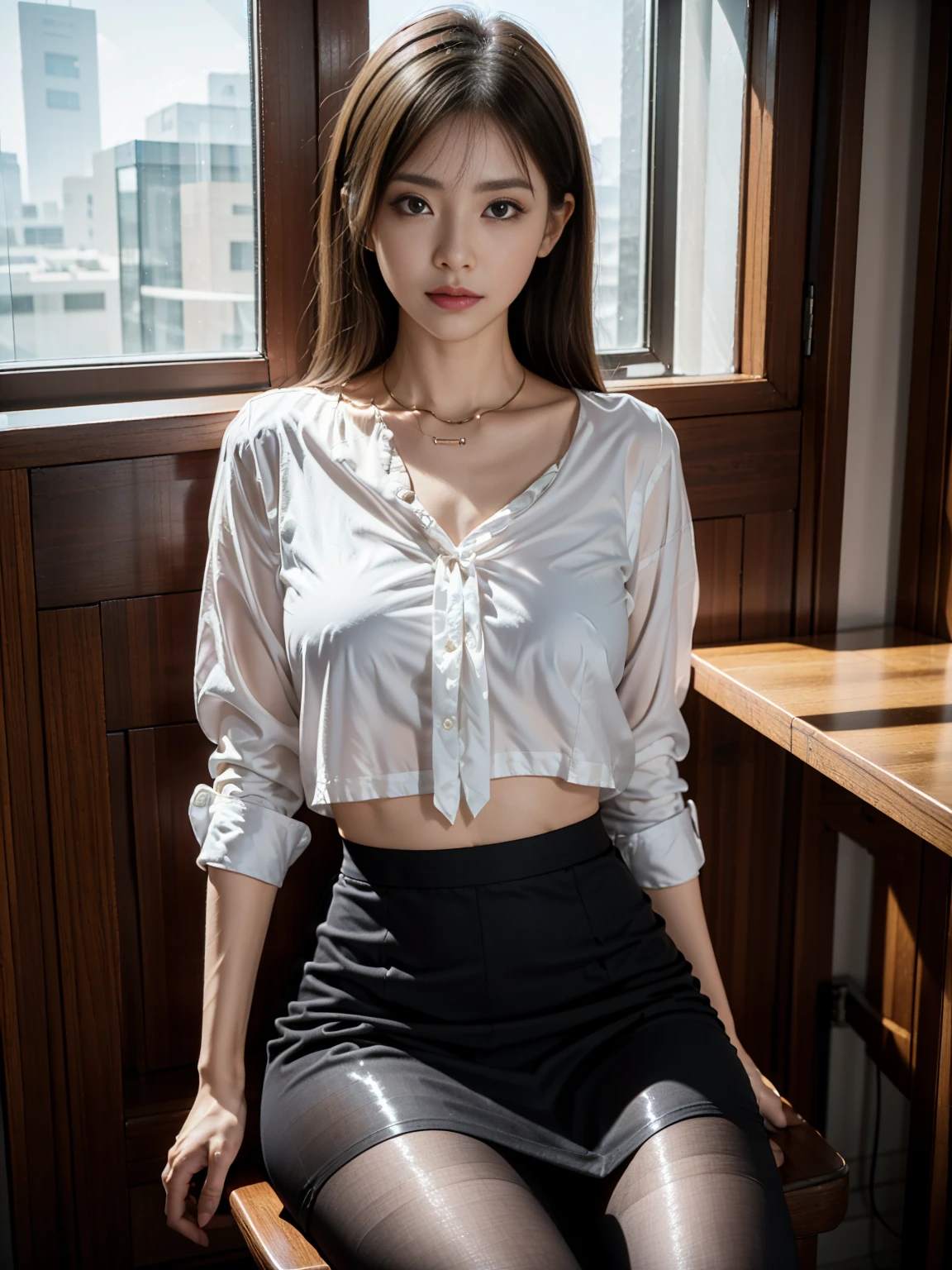 Classy upper class elite secretary in luxury silk blouse, Skirt and thighs、27 years old、height 162cm、Sitting on a chair in the office、Office uniform, (Glossy Pantyhose,Realistic pantyhose)、Working in the office、Wearing an ultra-thin satin blouse, Wear high-quality high heels、 Girl in blouse, Wearing an elegant blouse, When you wear a very thin blouse, Businessman, Blouse and skirt, Wearing a silk blouse, Wear a shirt and skirt, RAW Photos, (8K、Highest quality、masterpiece:1.2)、(Intricate details:1.4)、(Photorealistic:1.4)、Octane Rendering、Complex 3D rendering with ultra-detail, Soft studio light, Rim Light, Vivid details, Super Detail, Realistic skin textures, Face in detail, Beautiful details in the eyes, Highly detailed CG Unity 16k wallpaper, compensate, (Detailed Background:1.2), Exposed thighs!!!Erotic~!!!!