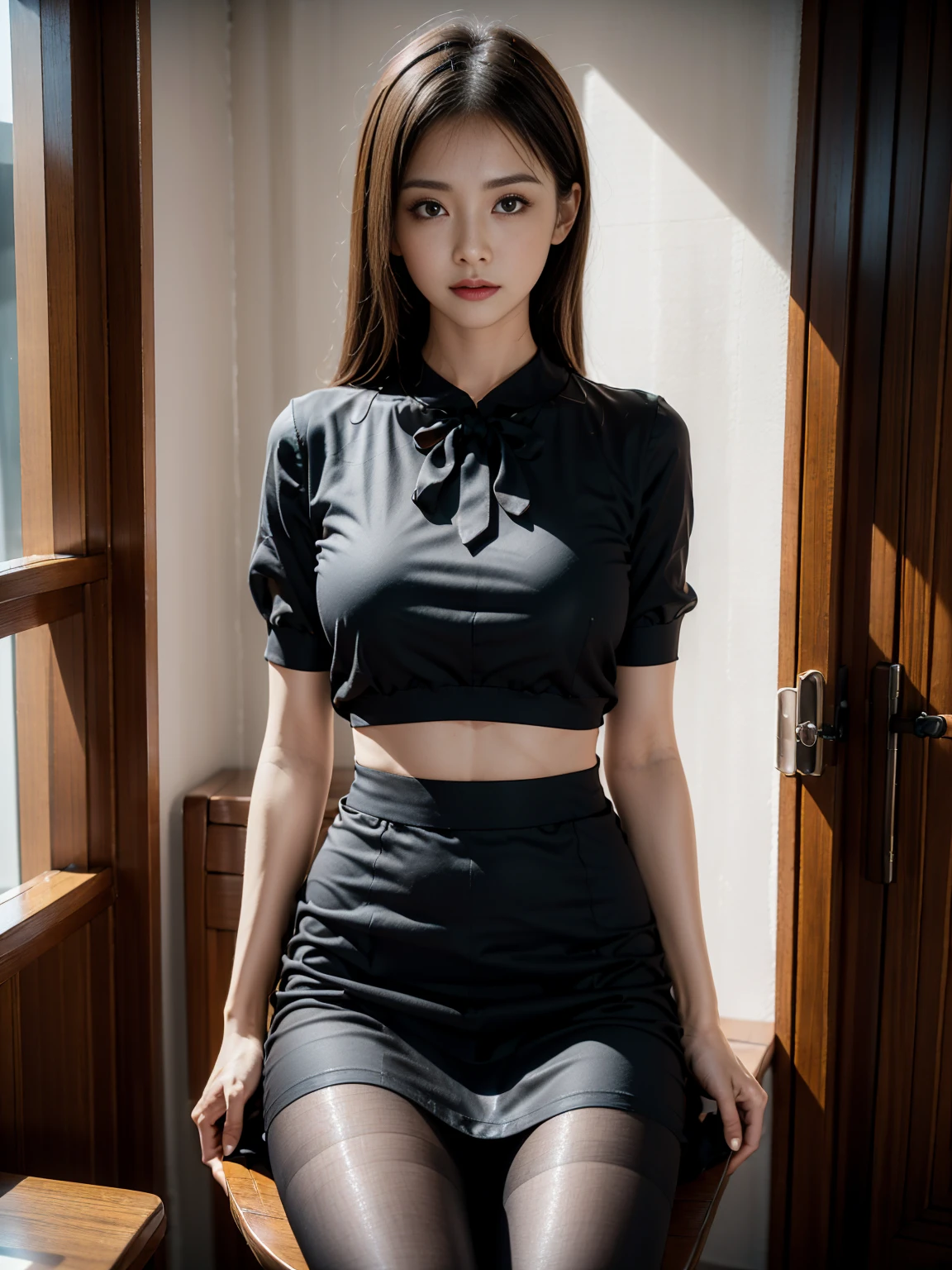 Classy upper class elite secretary in luxury silk blouse, Skirt and thighs、27 years old、height 162cm、Sitting on a chair in the office、Office uniform, (Glossy Pantyhose,Realistic pantyhose)、Working in the office、Wearing an ultra-thin satin blouse, Wear high-quality high heels、 Girl in blouse, Wearing an elegant blouse, When you wear a very thin blouse, Businessman, Blouse and skirt, Wearing a silk blouse, Wear a shirt and skirt, RAW Photos, (8K、Highest quality、masterpiece:1.2)、(Intricate details:1.4)、(Photorealistic:1.4)、Octane Rendering、Complex 3D rendering with ultra-detail, Soft studio light, Rim Light, Vivid details, Super Detail, Realistic skin textures, Face in detail, Beautiful details in the eyes, Highly detailed CG Unity 16k wallpaper, compensate, (Detailed Background:1.2), Exposed thighs!!!Erotic~!!!!