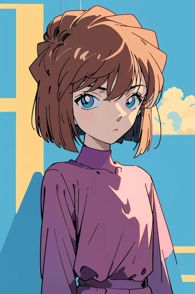 masterpiece, best quality, beautiful face, (street, upper body:1.4), anime style, (1girl in, Solo:1.0), (Haibara Ai), ((Short pants)), (((Big eyes))), (Cute anime girl head), (flat chest),looking at viewer,With a height of 100cm, shoot from front, (head shot), Simple line minimalism, Abstract Art, City background, anime opening movie