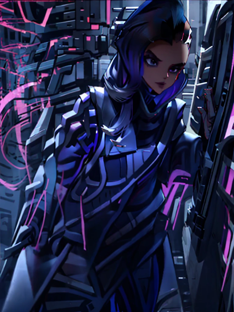 1girll,Back shadow splatter, red paint splatter Sweatshirt(black ish color),face and neck tattoo, An off-the-shoulder garment,baseball cap,Alchemy Laboratory,the mystery of unknown territories,Put your hands in your pockets,random colorful long hair,Shoulder-length hair,Black eyes,Game scene graph, raining street background sombra