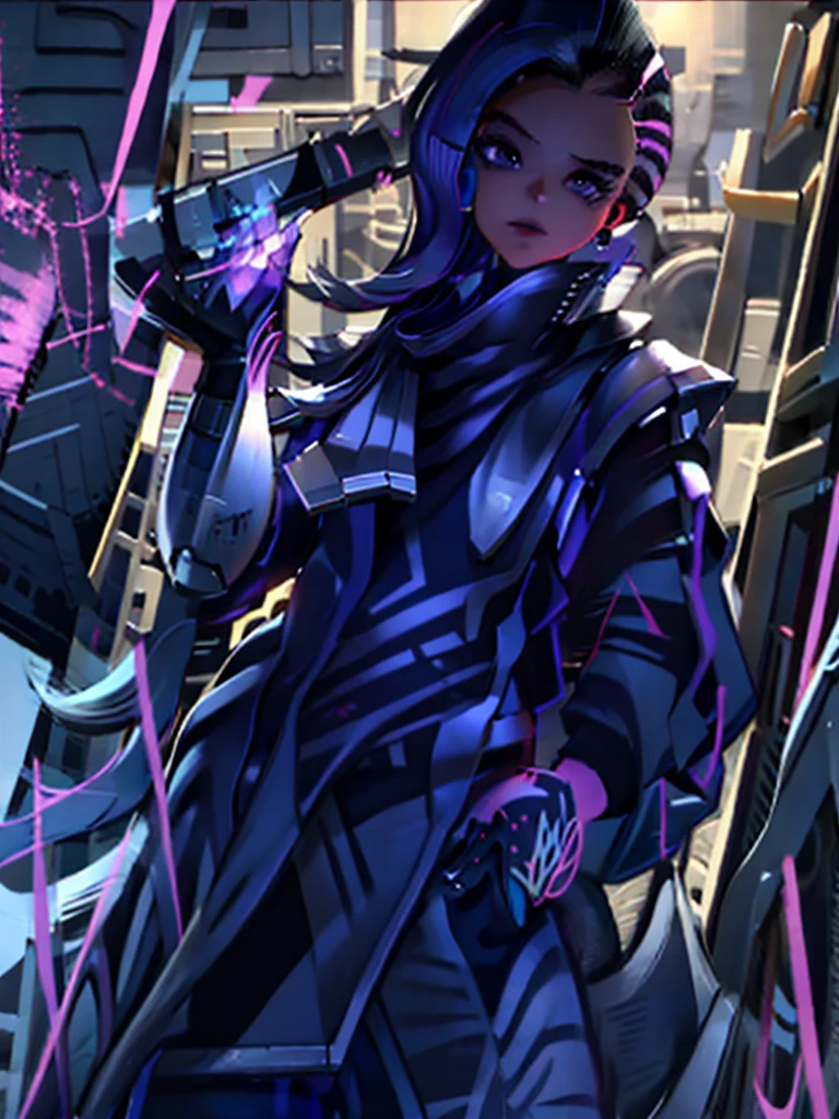 1girll,Back shadow splatter, red paint splatter Sweatshirt(black ish color),face and neck tattoo, An off-the-shoulder garment,baseball cap,Alchemy Laboratory,the mystery of unknown territories,Put your hands in your pockets,random colorful long hair,Shoulder-length hair,Black eyes,Game scene graph, raining street background sombra