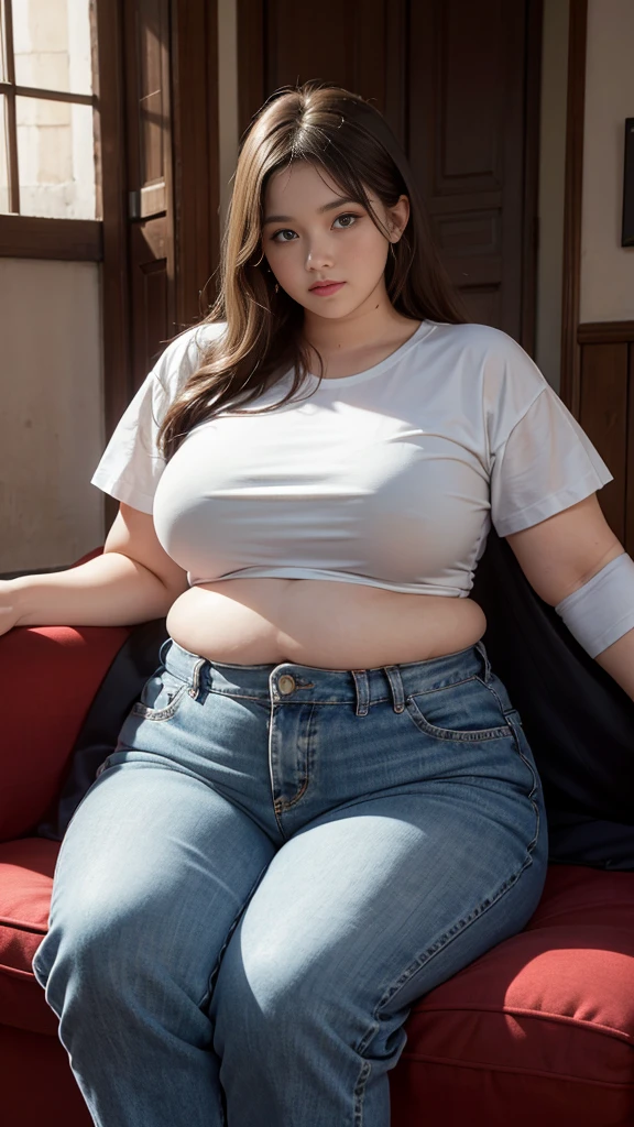 Femme très grosse, assise dans des coussins, Makima, bbwchan, cheveux rouges et yeux jaunes, double menton, elle carresse son gros ventre mou et rebondi, full belly, aftermath, ventre en boule sous le jean, jean très serré Elle porte un short en jean et un haut en dentelle, belle lumière sur elle, magnifique femme obese