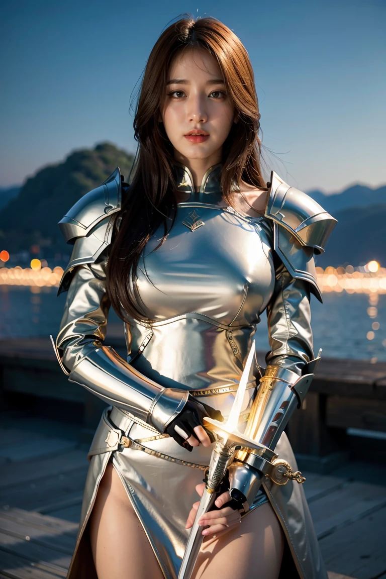 (masterpiece, best quality), A paladin holding a light infused sword, light magic, divine, magewave, silver and gold, 4k, dark cityscape, Fujifilm