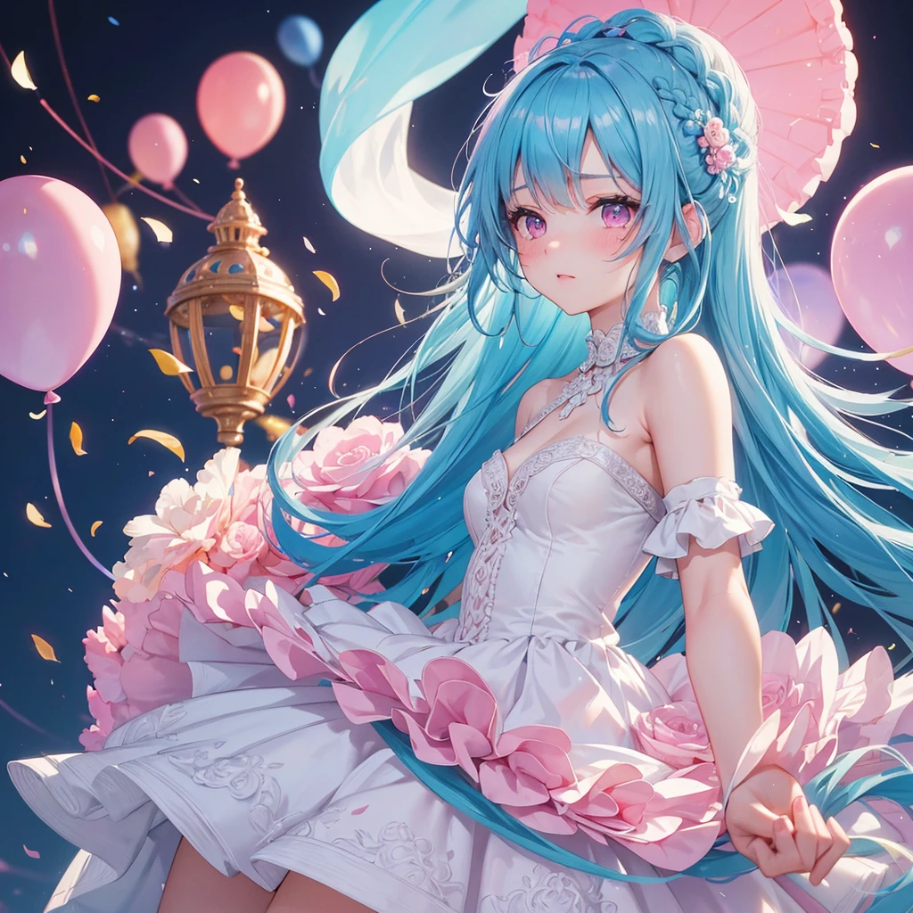 Sky blue hair, (Braided Ponytail),(Pink Eyes),Fair skin ,(whole body),(1 Girl),bride,blush,Straight bangs, 6月のbride,Wedding dress,(masterpiece, Highest quality, Super detailed, Best Shadow), (Detailed Background), (Beautifully detailed face), High Contrast, (Best lighting, Very delicate and beautiful), ((Cinematic Light)), colorful, Hyper Detail, Dramatic Light, Intricate details,Wedding hall, balloons flying in the sky,Dazzling Sun,