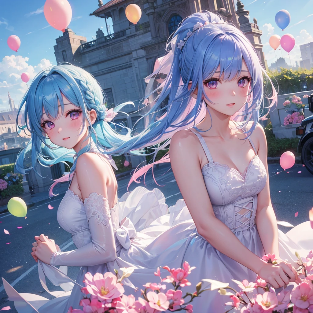 Sky blue hair, (Braided Ponytail),(Pink Eyes),Fair skin ,(whole body),(1 Girl),bride,blush,Straight bangs, 6月のbride,Wedding dress,(masterpiece, Highest quality, Super detailed, Best Shadow), (Detailed Background), (Beautifully detailed face), High Contrast, (Best lighting, Very delicate and beautiful), ((Cinematic Light)), colorful, Hyper Detail, Dramatic Light, Intricate details,Wedding hall, balloons flying in the sky,Dazzling Sun,
