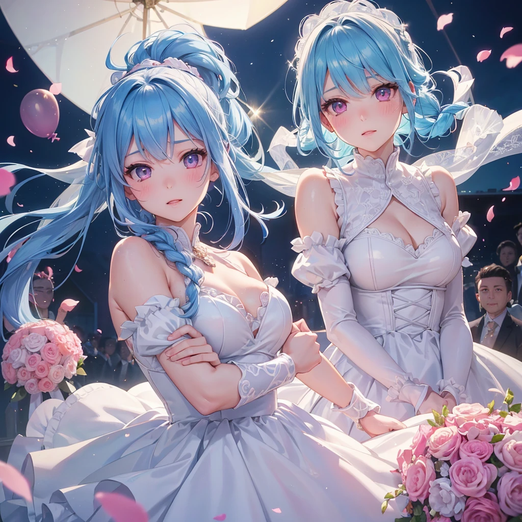 Sky blue hair, (Braided Ponytail),(Pink Eyes),Fair skin ,(whole body),(1 Girl),bride,blush,Straight bangs, 6月のbride,Wedding dress,(masterpiece, Highest quality, Super detailed, Best Shadow), (Detailed Background), (Beautifully detailed face), High Contrast, (Best lighting, Very delicate and beautiful), ((Cinematic Light)), colorful, Hyper Detail, Dramatic Light, Intricate details,Wedding hall, balloons flying in the sky,Dazzling Sun,