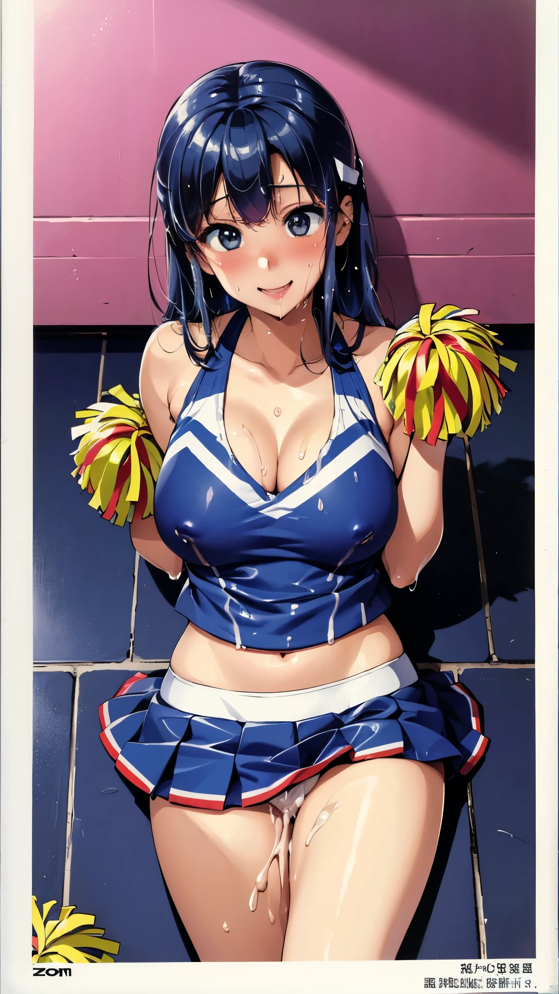 ((Cheerleader、Highest quality、Masterpiece、High resolution))、(((Zoom photo from above、semen、Bukkake、Wet body、Wet Hair)))、(smile、blush)、Big Breasts、Cleavage、Inside the gym、Blue Hair