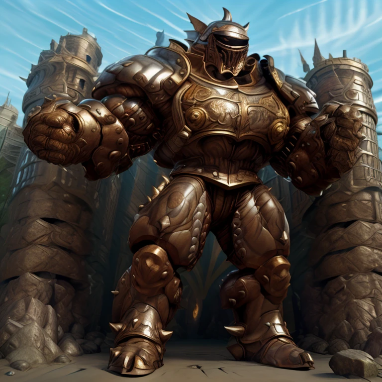 SOLO (masterpiece. official art. 8k. best quality. detailed full body. full body.)

(situation 1 : dominating Armored Flazzard. Armored Flazzard is over 1000 meters long. focus GIANT mechanical Muscular Armored Flazzard is trampling the city. Looking down. macro. stomp. Low-angle perspective. emphasizing the immense size.)

(situation 2 :smoke and flames rising from the destruction in the city)

(Additional details 1: real texture material. whole body shines like metal. emphasizes the muscles. suit fully made of metal.).

(Additional details 2: Detailed head. Detailed Body. Detailed abs. gigantic muscles. HYPER MUSCLES. Gigachad Muscular. big muscle. pecs. triceps. traps. unusually developed muscular body. body full of huge muscles. showing off muscles. pectorales enormes. Exaggeratedly huge muscles. huge muscles. long legs.).
his back he wears a golden cloak.