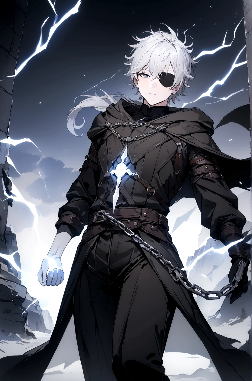 Anime character. A man, he was medieval. 27 years old, large body, cold gaze, cold expression, white skin, short and messy gray hair, ponytail, left eye patch, black clothes, black shirt, dark cape with hood, several chains. frontal camera. Walking under the red moonlight. White electricity emanating from his body, black electricity emanating from his left hand. Iris of the right eye glowing white. Thunderous white lightning. (best quality, 4k, 8k, high resolution, masterpiece: 1.2)
