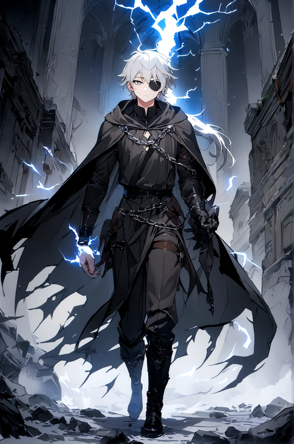 Anime character. A man, he was medieval. 27 years old, large body, cold gaze, cold expression, white skin, short and messy gray hair, ponytail, left eye patch, black clothes, black shirt, dark cape with hood, several chains. frontal camera. Walking under the red moonlight. White electricity emanating from his body, black electricity emanating from his left hand. Iris of the right eye glowing white. Thunderous white lightning. (best quality, 4k, 8k, high resolution, masterpiece: 1.2)