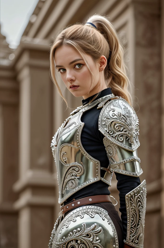 (8K, best quality:1.2), (masterpiece:1.37), (photo, photorealistic:1.37), (ultrahigh-res), full body, walking pose, shot from front, slow motion, female paladin wearing the full body, (light silver armour:1.2),(ornately decorated armor), (insanely detailed, bloom:1.5), (highest quality, Alessandro Casagrande, Greg Rutkowski, Sally Mann, concept art, 4k), (analog:1.2), (high sharpness), (detailed pupils:1.1), detailed face and eyes, Masterpiece, best quality, (highly detailed photo:1.1), (long blonde Hair, ponytail,ecstatic:1.1), (young woman:1.1), sharp, (perfect body:1.1), realistic, real shadow, 3d, (temple background:1.2), (by Michelangelo), photographed by Canan EOS R6, 135mm, 1/1250s, f/2.8, ISO 400