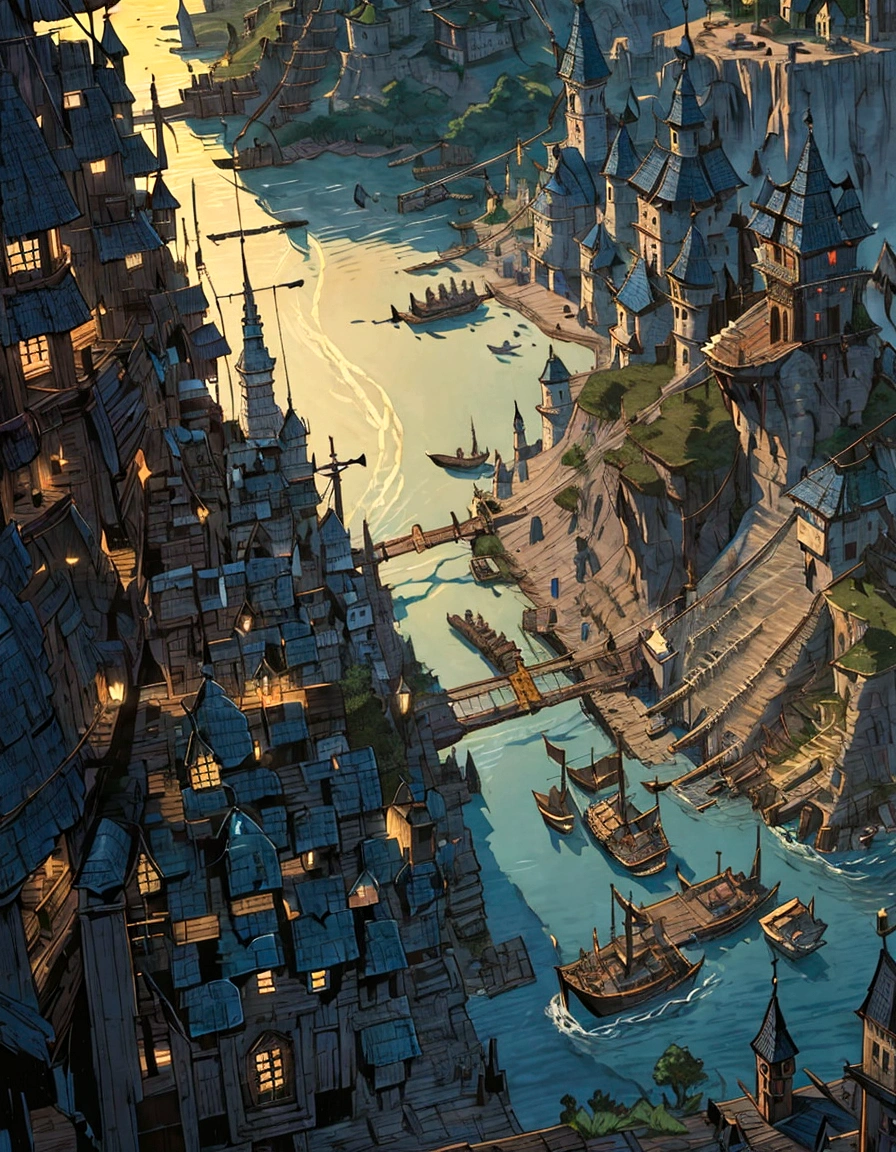 a view of a small town with a bridge and a boat, dnd setting!, rpg scene, small dock, fishing town, small port village, the streets of baldur's gate, city docks, immensely detailed scene, map of a dungeon in waterdeep, r / battlemaps, d&d fantasy setting, roleplaying game art, battle map prop