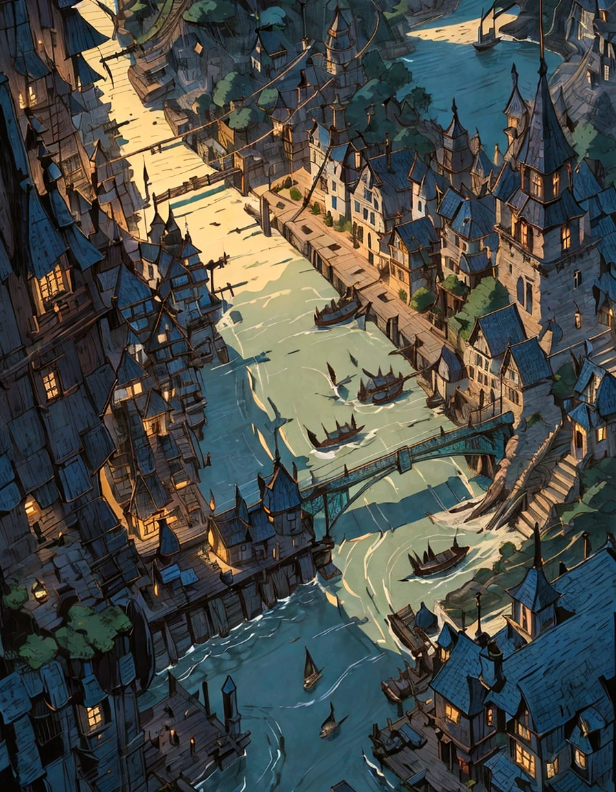 a view of a small town with a bridge and a boat, dnd setting!, rpg scene, small dock, fishing town, small port village, the streets of baldur's gate, city docks, immensely detailed scene, map of a dungeon in waterdeep, r / battlemaps, d&d fantasy setting, roleplaying game art, battle map prop