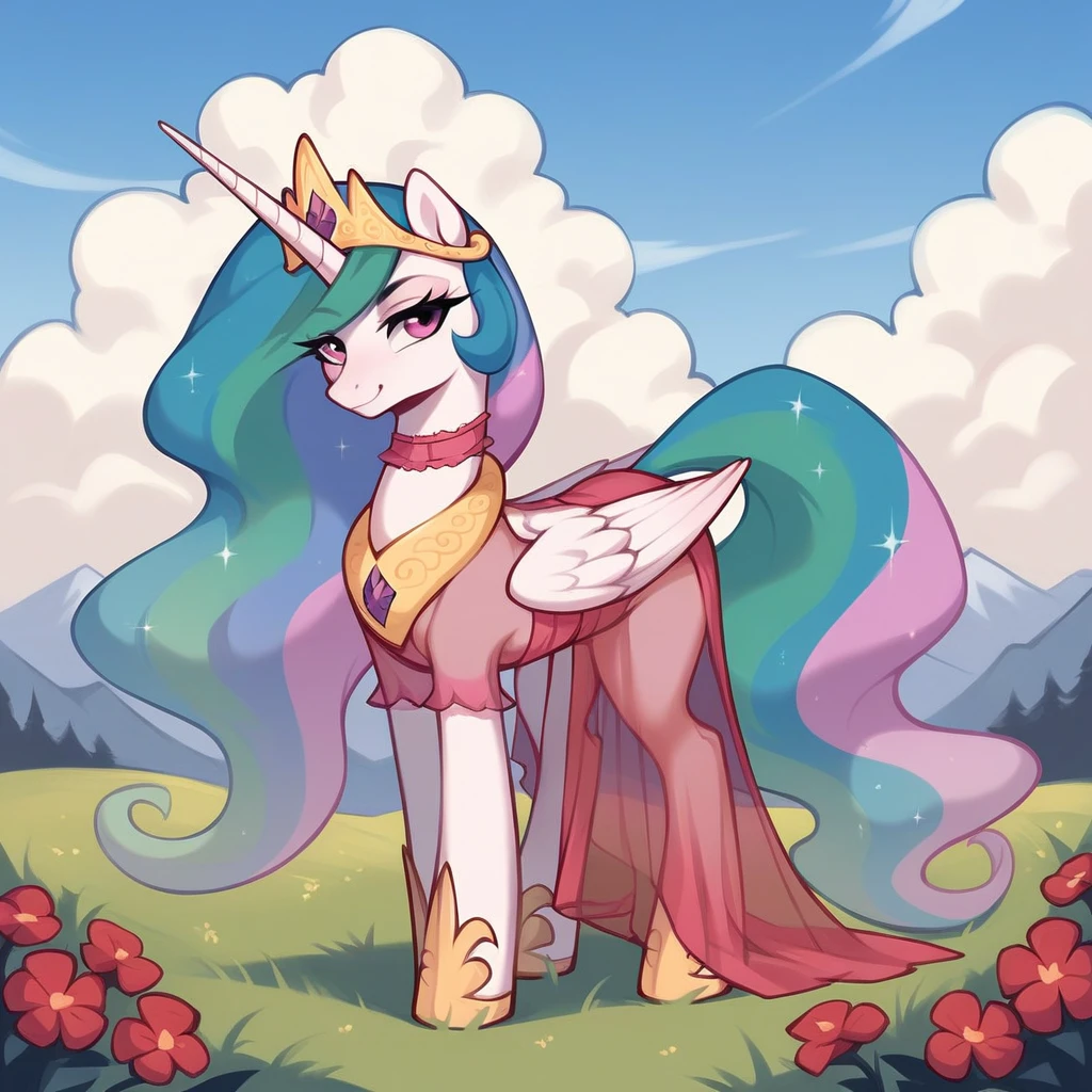 score_9, score_8_up, score_7_up, score_6_up, score_5_up, score_4_up, rating_explicit, outdoors, purple (see through pink dress and neck choker), solo, feral pony, princess celestia, evil smile, closed mouth,BREAK mountain, day, sky, flower, mountainous horizon, blue sky, grass