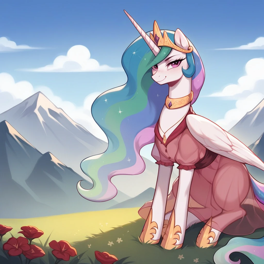 score_9, score_8_up, score_7_up, score_6_up, score_5_up, score_4_up, rating_explicit, outdoors, purple (see through pink dress and neck choker), solo, feral pony, princess  celestia, evil smile, closed mouth,BREAK mountain, day, sky, flower, mountainous horizon, blue sky, grass 