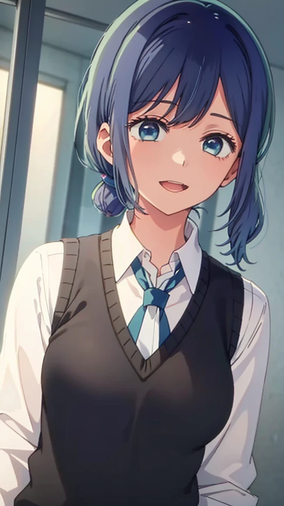 beautiful lighting, 1 girl, alone, Akane, white shirt, sweater vest, black vest, blue tie, ((anime style))、((2D))、laughter、open your mouth、(((side ponytail)))