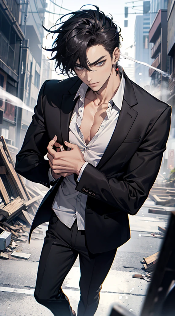 (masterpiece, best quality, highres, ultra-detailed), 1man, male focus, spiky black hair, grey eyes, handsome, detailed eyes and face, male body, earrings, ear piercing,  unbuttoned black blazer, white shirt, trousers, bare collarbones, chain necklace, city slums background, by amano akira, full body, cigarette, cigarette smoke, guy smoking,1guy, masterpiece. Black and white eyeballs black eyes