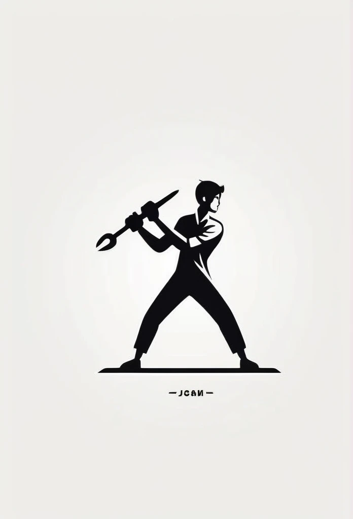 Japanese、Handling small tools、Inside the stylish logo of an electric company、A cool, chic and modern design depicting a small person working very seriously using small tools such as spanners, doing mundane but serious work. The monochrome background is pure white.