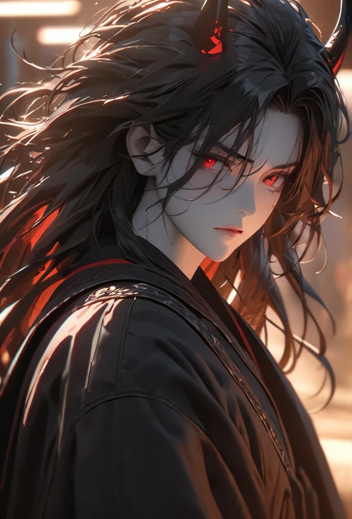 (solo), masculine, black hair, messy hair, mane hair, long hair, dense hair, wild hair, expressive hair, mature,(25 year old), pale skin, red eyes, ((man)), wearing a black robe, black demon horns,, serious, handsome, attractive, eye reflection, depth of field, thunder aura,cinematic lighting, ray tracing, depth of field, cinematic lighting, ray tracing, UHD, high details, best quality, highres, high quality, award winning, super detail, masterpiece, 8k, UHD, high details, best quality, highres, high quality, award winning, super detail, masterpiece, 8k, digital art, anime coloring, body shot, good face, perfect face, detailed face, good eyes