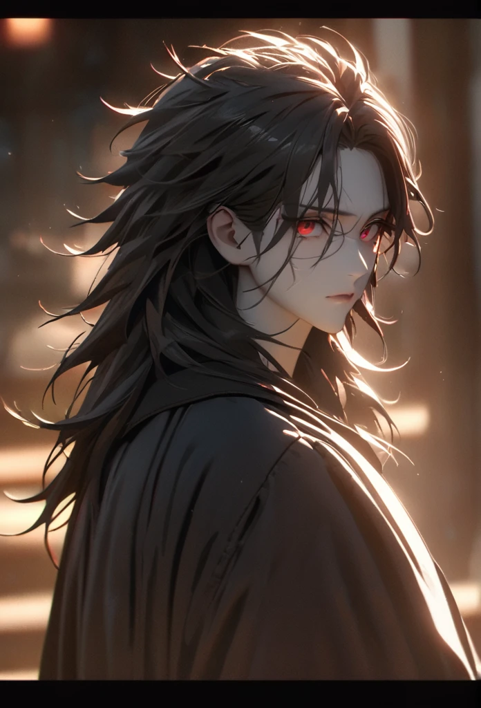 (solo), masculine, black hair, messy hair, mane hair, long hair, dense hair, wild hair, expressive hair, mature,(25 year old), pale skin, red eyes, ((man)), wearing a black robe, black demon horns,, serious, handsome, attractive, eye reflection, depth of field, thunder aura,cinematic lighting, ray tracing, depth of field, cinematic lighting, ray tracing, UHD, high details, best quality, highres, high quality, award winning, super detail, masterpiece, 8k, UHD, high details, best quality, highres, high quality, award winning, super detail, masterpiece, 8k, digital art, anime coloring, body shot, good face, perfect face, detailed face, good eyes