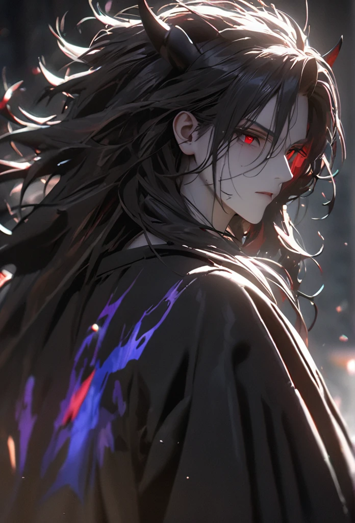 (solo), masculine, black hair, messy hair, mane hair, long hair, dense hair, wild hair, expressive hair, mature,(25 year old), pale skin, red eyes, ((man)), wearing a black robe, black demon horns,, serious, handsome, attractive, eye reflection, depth of field, thunder aura,cinematic lighting, ray tracing, depth of field, cinematic lighting, ray tracing, UHD, high details, best quality, highres, high quality, award winning, super detail, masterpiece, 8k, UHD, high details, best quality, highres, high quality, award winning, super detail, masterpiece, 8k, digital art, anime coloring, body shot, good face, perfect face, detailed face, good eyes