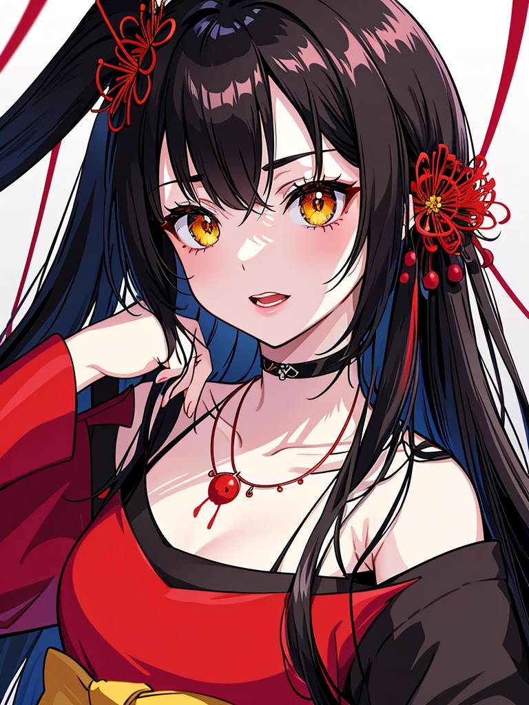 (top-quality、hight resolution、8k、masterpiece:1.2)。Curvaceous but slender、Muchimuchi Body、The whole area is filled with Red Spider Lily、Red spider lily in bloom、A woman sits in the middle of a red spider lily in full bloom。With a mysterious look、Kimono and double teeth are characteristic.。Wearing a kimono splattered with blood、I'm holding some kind of murder weapon in my hand.。The crazy expression and the gap between her and the Red Spider Lily further enhance her beauty。Half-taken kimono、accessorized、mole、Eyebrows、double tooth、canine teeth、poneyTail、Muscular nose、Clear detailed green eyes、red blush、a choker、Fleshy lips、Physical beauty、well-muscled、Mysterious fashion、Anime style、animesque、unreal、Fashion based on red and white、Backgrounds with depth、The background is 10,000 Red Spider Lilies spread all over the area、a necklace、Braceletisanga、arm band、Light and Wall Co-star、A small black cat clinging to his shoulder、Original face、(dark themed:1.3)、Dark Fantasy、Distant angle、portlate