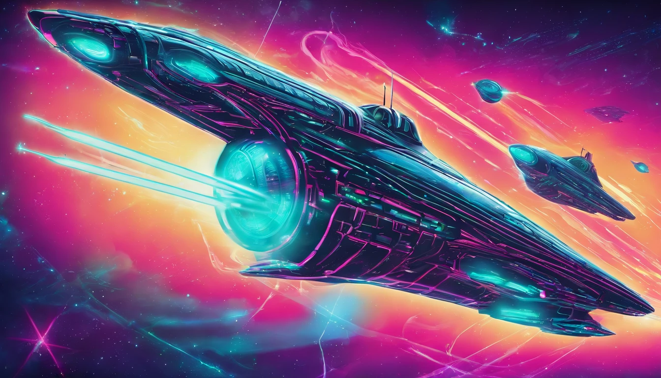 Space ship flying through space into a light beam, neon retro, cyberpunk  