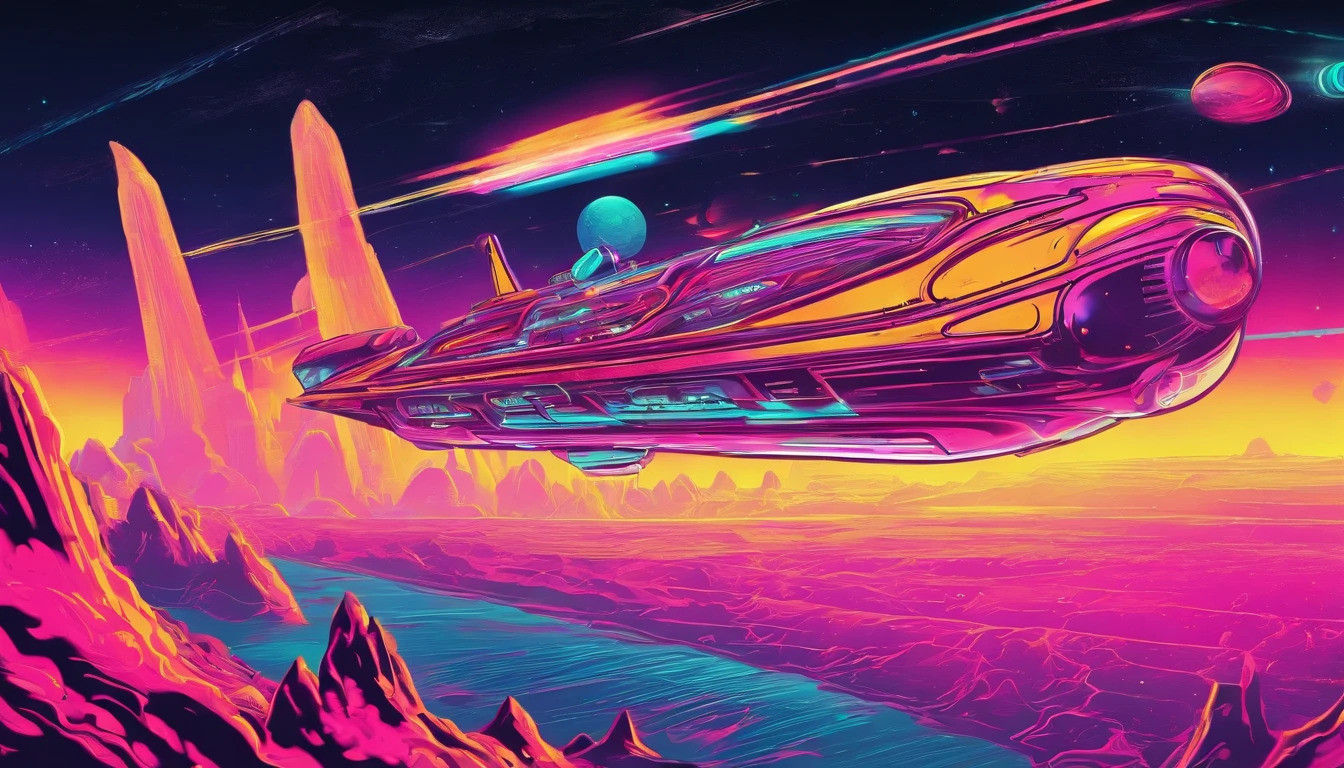 Space ship flying through space into a light beam, neon retro, cyberpunk