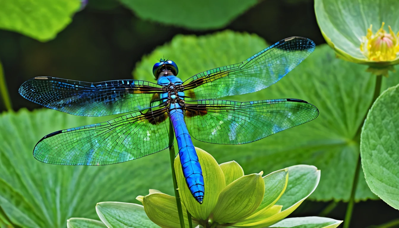 A majestic dragonfly with iridescent wings, perched on a delicate flower petal, surrounded by a lush green forest.