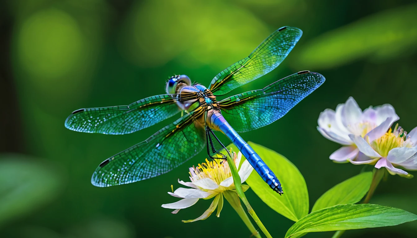 A majestic dragonfly with iridescent wings, perched on a delicate flower petal, surrounded by a lush green forest.