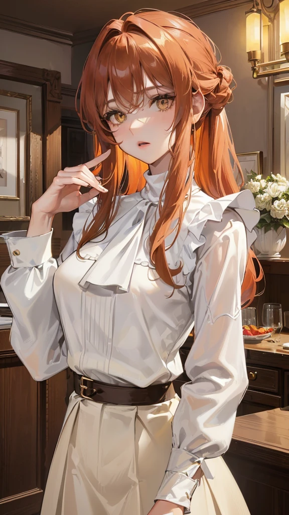 Photograph of the upper body of a beautiful woman, , normal breasts, perfect body), Sharp focus, (tall body, mature woman), ((Looking ahead)), (Highly detailed skin, hair follicles:1.4,) (long hairstyle ,ginger hair, yellow eyes) , (white blouses:1.47),(brown skirt),(sweater) , night light , high quality ,normal expression, cottage core