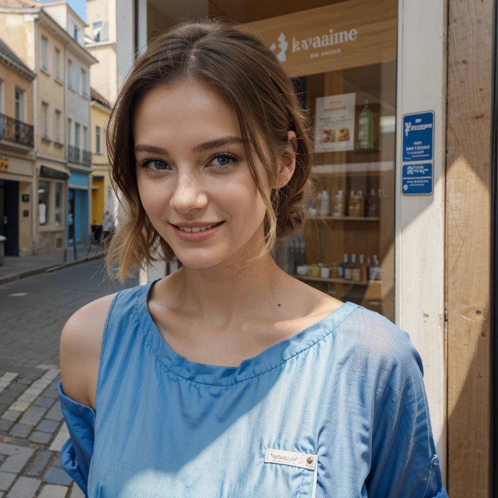 femme francaise de 21 ans joli marchant dans la rue, cheveux bruns, Pose attrayante, Soleil derrière, vue attrayante,Coup moyen