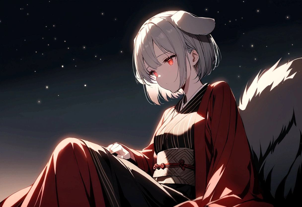 girl,cute,Small breasts,Gray Hair,Dog Ears,short hair,Red eyes,kimono,countryside,night,Sitting