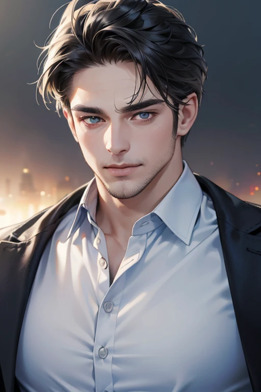 (best quality,4k,8k,highres,masterpiece:1.2),ultra-detailed,(realistic,photorealistic,photo-realistic:1.37),30 year old man,3 day beard,handsome anime,portraits,strong,masculine,dark hair,sharp jawline,mesmerizing eyes,perfectly styled hair,cool anime outfit,confident expression,vibrant colors,dynamic lighting, CEO and expression smile in love.
