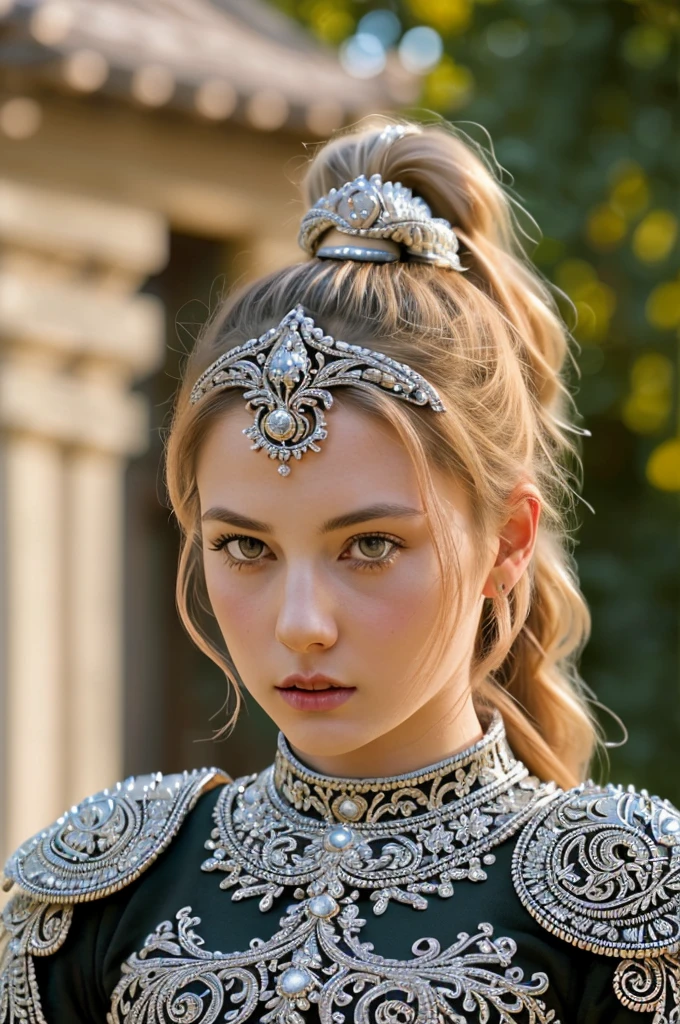 (8K, best quality:1.2), (masterpiece:1.37), (photo, photorealistic:1.37), (ultrahigh-res), full body, walking pose, shot from front, slow motion, female paladin wearing the full body, (light silver armour:1.2),(ornately decorated armor), (insanely detailed, bloom:1.5), (highest quality, Alessandro Casagrande, Greg Rutkowski, Sally Mann, concept art, 4k), (analog:1.2), (high sharpness), (detailed pupils:1.1), detailed face and eyes, Masterpiece, best quality, (highly detailed photo:1.1), (long blonde Hair, ponytail,ecstatic:1.1), (young woman:1.1), sharp, (perfect body:1.1), realistic, real shadow, 3d, (temple background:1.2), (by Michelangelo), photographed by Canan EOS R6, 135mm, 1/1250s, f/2.8, ISO 400
