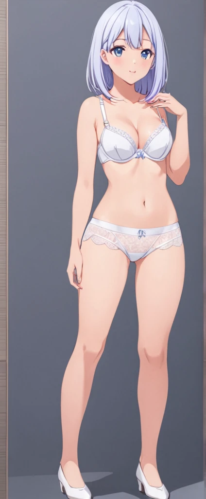 、White panties visible、Panty shot、White bra、Without skirt、Panties in full view、whole body