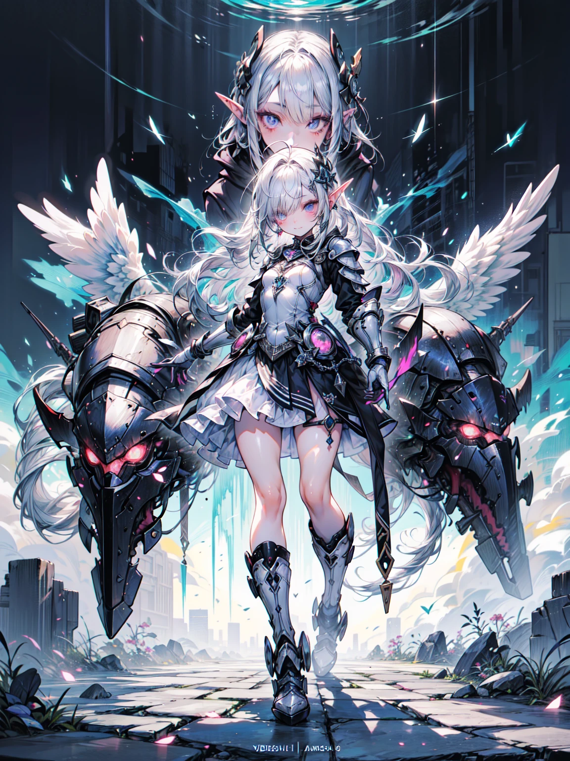 ((4K,masterpiece,Highest quality)), Maxi Kit, 1 Girl dressed modestly, alone, whole body, Wide Shot, Standing in white boots, Holding the Sword, Gray Hair, Long Hair, Elf Ears, Valkyrie, armor, Angel, Chest protector, Side bangs, from before, Oversized body, night, Mountain, Looking at the audience, Dynamic pose, Art Style：art gelm, by Kawashi, By Vadim Kashin、Blake、非常にdetailed (Dark Elf), Big Breasts、(1 Girl), alone, Perfect Face, detailed, Ahoge, ((Long Hair:1.2)), (Hair above one eye:1.3), [[Messy Hair]], Shiny blonde white hair, Purple eyes, Variegated eyes, Colorful Hair, Shining Eyes, Bright Eyes, Face imprint, (eyelash, eye shadow, pink eye shadow), smile, Design Art：Haruhiko Mikimoto, by Kawashi, By Yoshitaka Amano, 