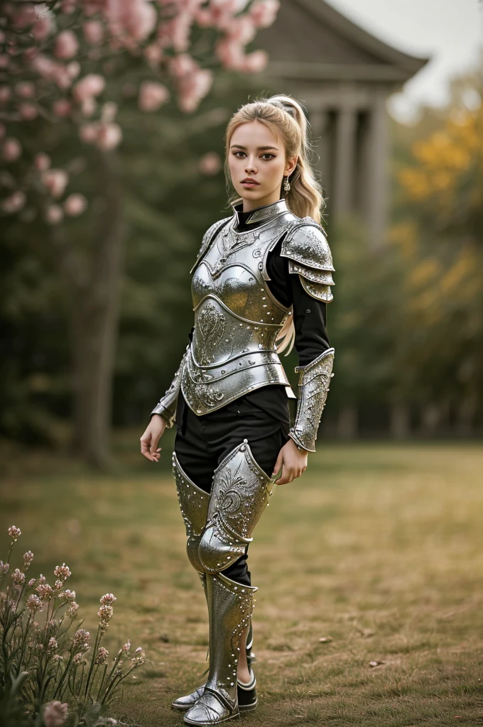 (8K, best quality:1.2), (masterpiece:1.37), (photo, photorealistic:1.37), (ultrahigh-res), full body, walking pose, shot from front, slow motion, female paladin wearing the full body, (light silver armour:1.2),(ornately decorated armor), (insanely detailed, bloom:1.5), (highest quality, Alessandro Casagrande, Greg Rutkowski, Sally Mann, concept art, 4k), (analog:1.2), (high sharpness), (detailed pupils:1.1), detailed face and eyes, Masterpiece, best quality, (highly detailed photo:1.1), (long blonde Hair, ponytail,ecstatic:1.1), (young woman:1.1), sharp, (perfect body:1.1), realistic, real shadow, 3d, (temple background:1.2), (by Michelangelo), photographed by Canan EOS R6, 135mm, 1/1250s, f/2.8, ISO 400