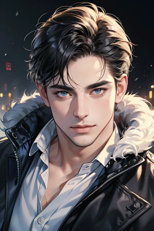 (best quality,4k,8k,highres,masterpiece:1.2),ultra-detailed,(realistic,photorealistic,photo-realistic:1.37),30 year old man,3 day beard,handsome anime,portraits,strong,masculine,dark hair,sharp jawline,mesmerizing eyes,perfectly styled hair,cool anime outfit,confident expression,vibrant colors,dynamic lighting, CEO and expression smile in love.
